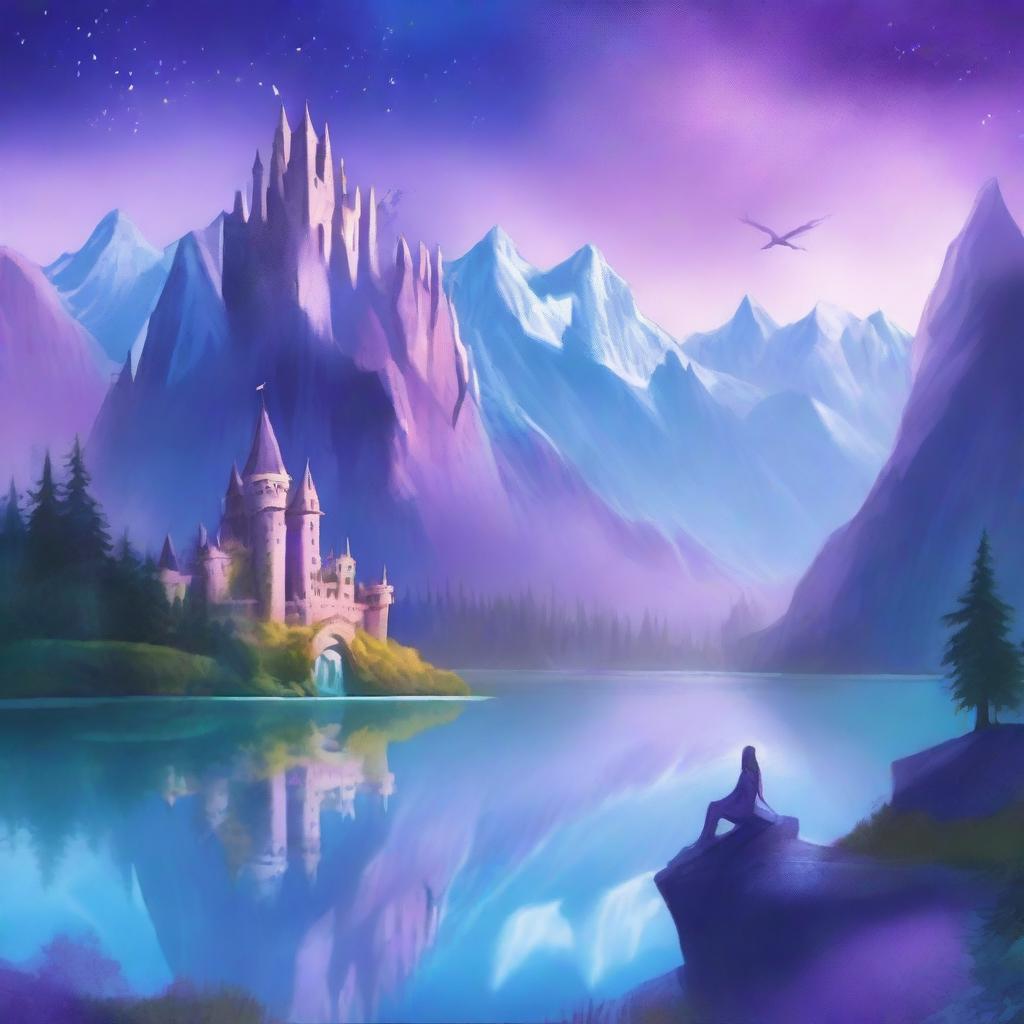 A captivating fantasy book cover featuring a mystical landscape with towering mountains, a serene lake, and a majestic castle in the background