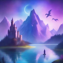 A captivating fantasy book cover featuring a mystical landscape with towering mountains, a serene lake, and a majestic castle in the background