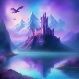 A captivating fantasy book cover featuring a mystical landscape with towering mountains, a serene lake, and a majestic castle in the background