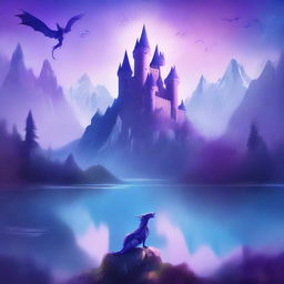 A captivating fantasy book cover featuring a mystical landscape with towering mountains, a serene lake, and a majestic castle in the background