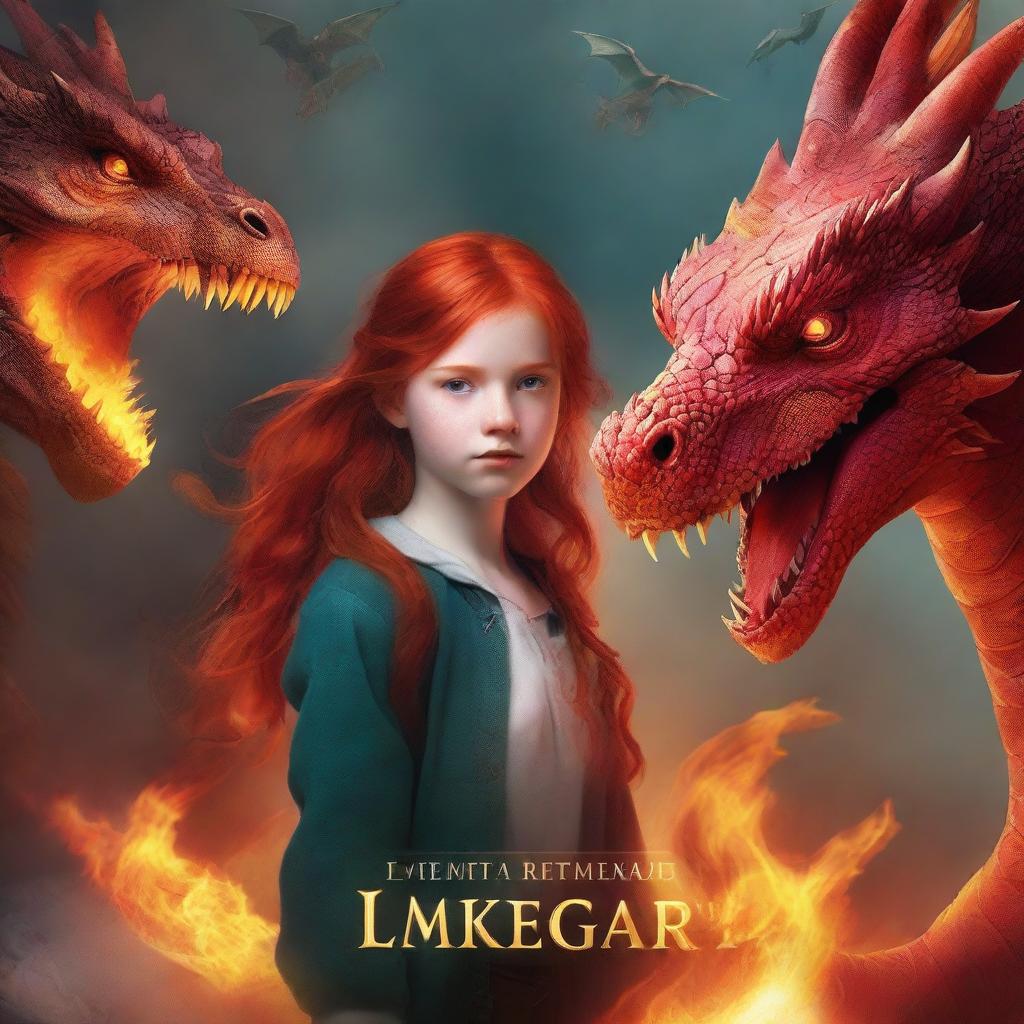 A book cover featuring a red-haired girl standing confidently with a fire-breathing dragon in the background