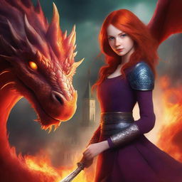 A book cover featuring a red-haired girl standing confidently with a fire-breathing dragon in the background