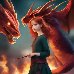 A book cover featuring a red-haired girl standing confidently with a fire-breathing dragon in the background