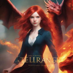 A book cover featuring a red-haired girl standing confidently with a fire-breathing dragon in the background