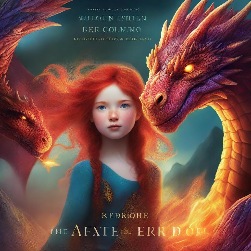 A captivating book cover featuring a red-haired girl standing bravely beside a fierce dragon breathing fire