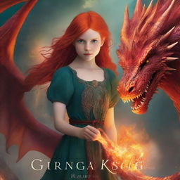 A captivating book cover featuring a red-haired girl standing bravely beside a fierce dragon breathing fire