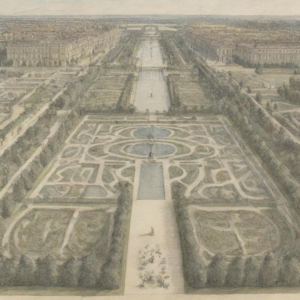 Sketch of the Gardens of Versailles featuring geometric patterns, a grand canal, and the Palace of Versailles