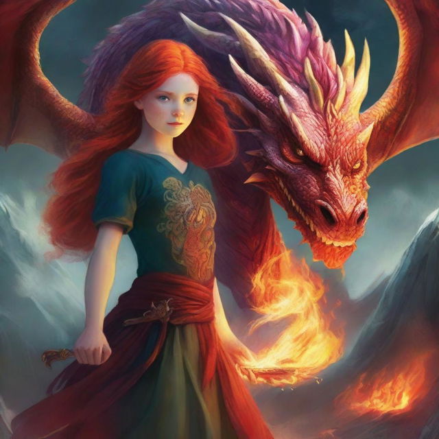 A captivating book cover featuring a red-haired girl standing bravely beside a fierce dragon breathing fire