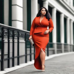 A beautiful and confident woman with a curvy figure, dressed in stylish and elegant attire, standing in a sophisticated urban setting