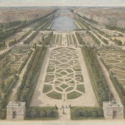 Sketch of the Gardens of Versailles featuring geometric patterns, a grand canal, and the Palace of Versailles