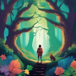 Create a captivating book cover featuring an adventurous scene with a protagonist exploring an ancient, mystical forest