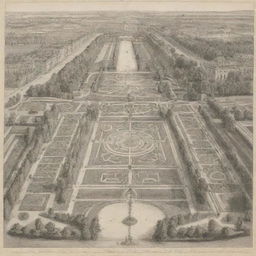 Sketch of the Gardens of Versailles featuring geometric patterns, a grand canal, and the Palace of Versailles