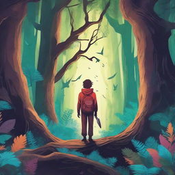 Create a captivating book cover featuring an adventurous scene with a protagonist exploring an ancient, mystical forest