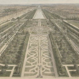 Sketch of the Gardens of Versailles featuring geometric patterns, a grand canal, and the Palace of Versailles