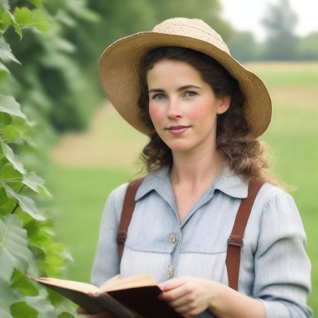 In a historical romance setting, a period farmer recounts the story she wrote in her book