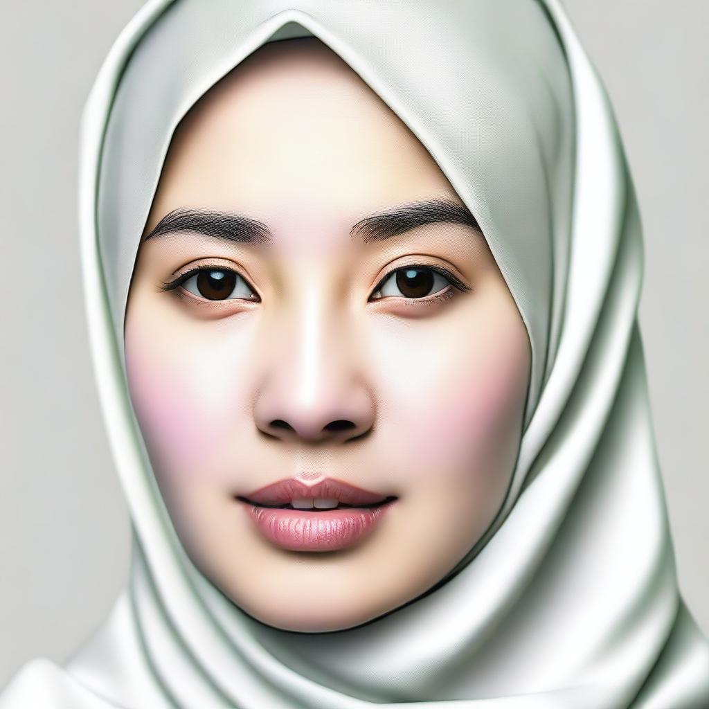 A portrait of an Asian woman with white skin, thin eyebrows, an oval face shape, a flat nose, and thick lips