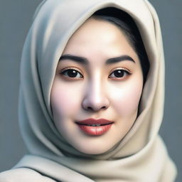 A portrait of an Asian woman with white skin, thin eyebrows, an oval face shape, a flat nose, and thick lips