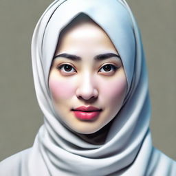 A portrait of an Asian woman with white skin, thin eyebrows, an oval face shape, a flat nose, and thick lips