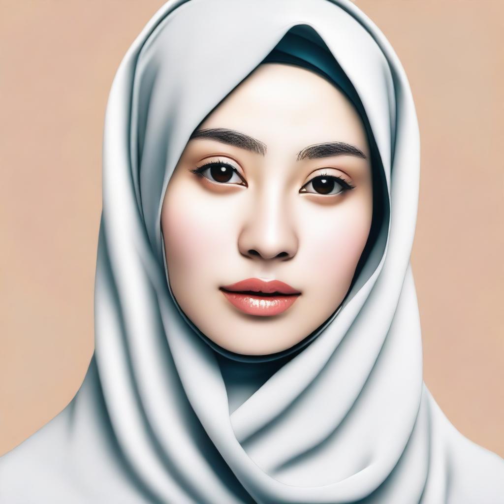 A portrait of an Asian woman with white skin, thin eyebrows, an oval face shape, a flat nose, and thick lips