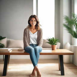 A lady sitting on a table with her legs spread apart