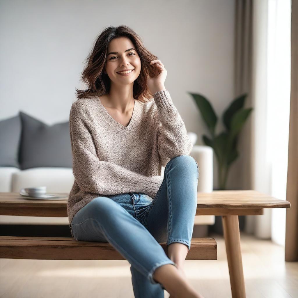 A lady sitting on a table with her legs spread apart