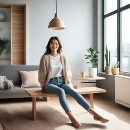 A lady sitting on a table with her legs spread apart