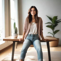 A lady sitting on a table with her legs spread apart