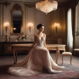 A lady wearing an elegant gown, sitting on a table with her legs spread apart