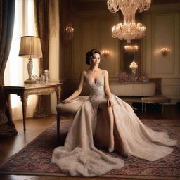 A lady wearing an elegant gown, sitting on a table with her legs spread apart