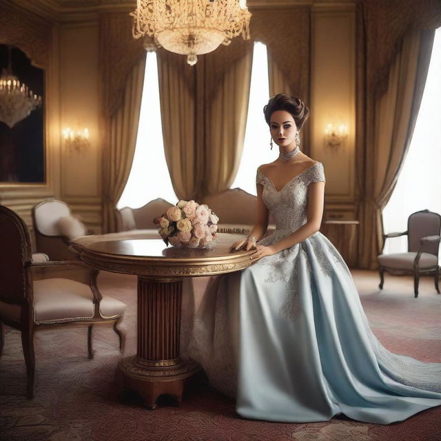 A lady wearing an elegant gown, sitting on a table with her legs spread apart