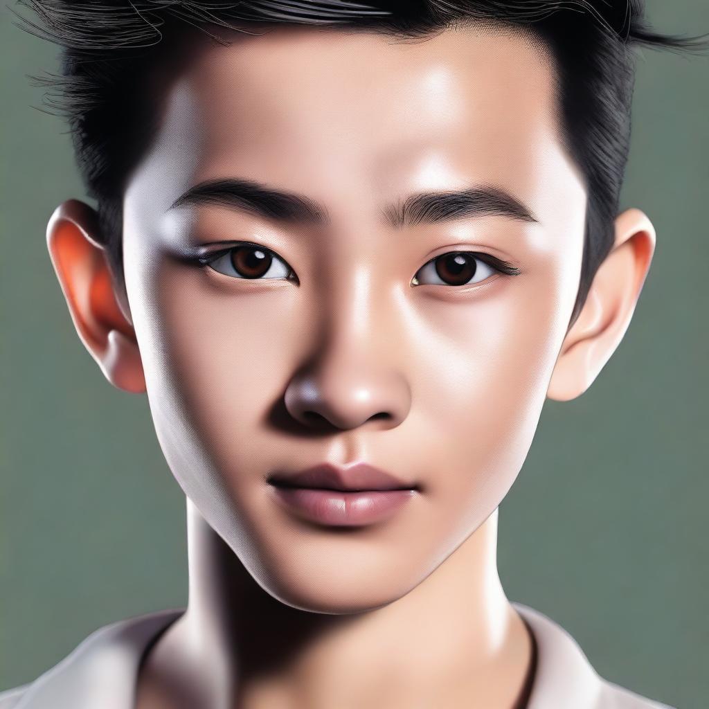 A portrait of an Asian boy with a slightly sharp nose, diamond face shape, thick eyebrows, black hair, black eyes, and curled eyelashes