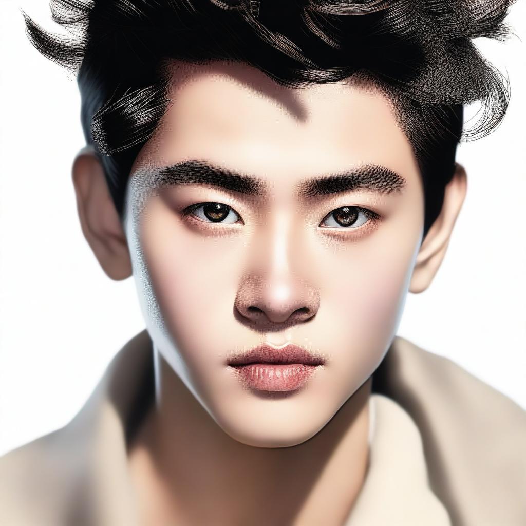 A portrait of an Asian boy with a slightly sharp nose, diamond face shape, thick eyebrows, black hair, black eyes, and curled eyelashes