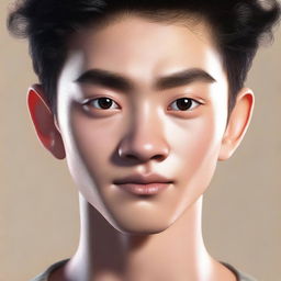 A portrait of an Asian boy with a slightly sharp nose, diamond face shape, thick eyebrows, black hair, black eyes, and curled eyelashes