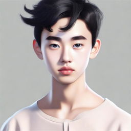 A portrait of an Asian boy with a slightly sharp nose, diamond face shape, thick eyebrows, black hair, black eyes, and curled eyelashes