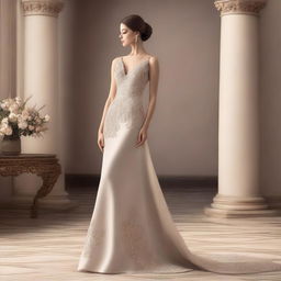 A lady wearing an elegant gown is standing alone