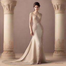 A lady wearing an elegant gown is standing alone