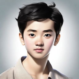 A portrait of an Asian boy with a slightly sharp nose, oblong face shape, thick eyebrows, black hair, black eyes, and curled eyelashes