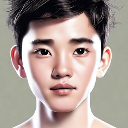 A portrait of an Asian boy with a slightly sharp nose, oblong face shape, thick eyebrows, black hair, black eyes, and curled eyelashes