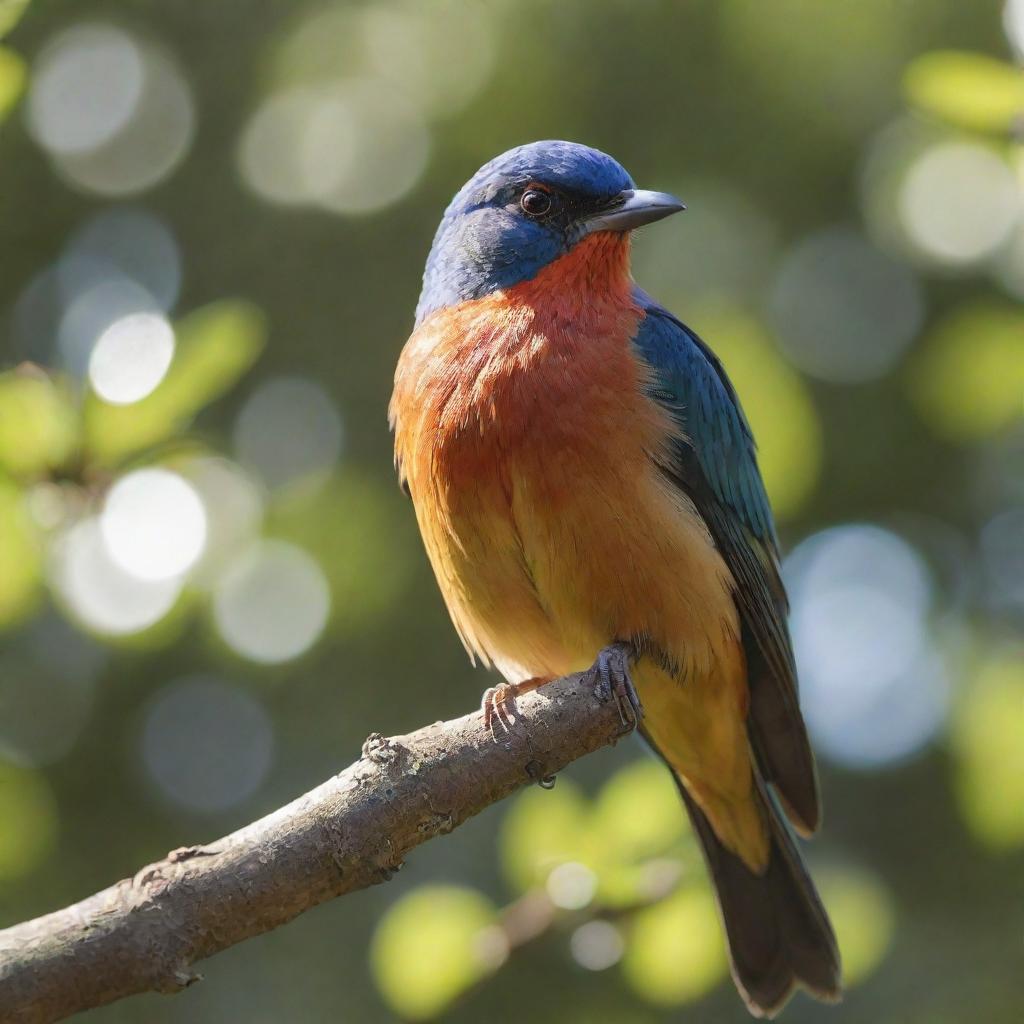 A vibrant, lifelike bird perched on a branch, with sunlight dappling its feathers.