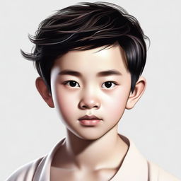 A portrait of an Asian boy with a slightly sharp nose, oblong face shape, thick eyebrows, black hair, black eyes, and curled eyelashes