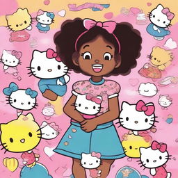 A young black girl with a joyful expression, surrounded by multiple Hello Kitty characters