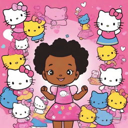 A young black girl with a joyful expression, surrounded by multiple Hello Kitty characters