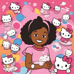 A young black girl with a joyful expression, surrounded by multiple Hello Kitty characters