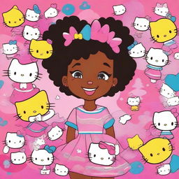 A young black girl with a joyful expression, surrounded by multiple Hello Kitty characters