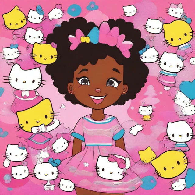 A young black girl with a joyful expression, surrounded by multiple Hello Kitty characters