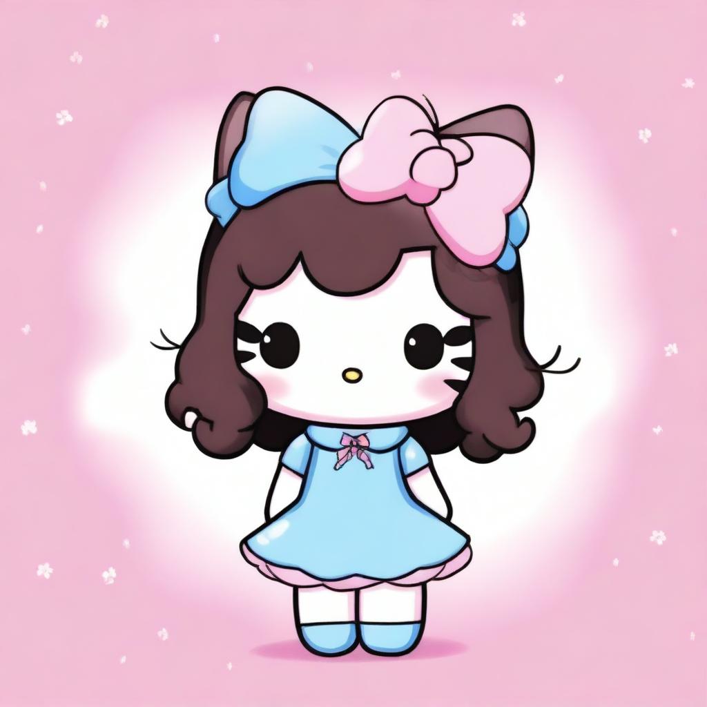 A cute Hello Kitty character with wavy black hair, brown eyes, wearing a light blue bow, pink clothes, and a butterfly top