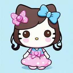 A cute Hello Kitty character with wavy black hair, brown eyes, wearing a light blue bow, pink clothes, and a butterfly top