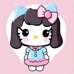 A cute Hello Kitty character with wavy black hair, brown eyes, wearing a light blue bow, pink clothes, and a butterfly top