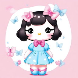 A cute Hello Kitty character with wavy black hair, brown eyes, wearing a light blue bow, pink clothes, and a butterfly top