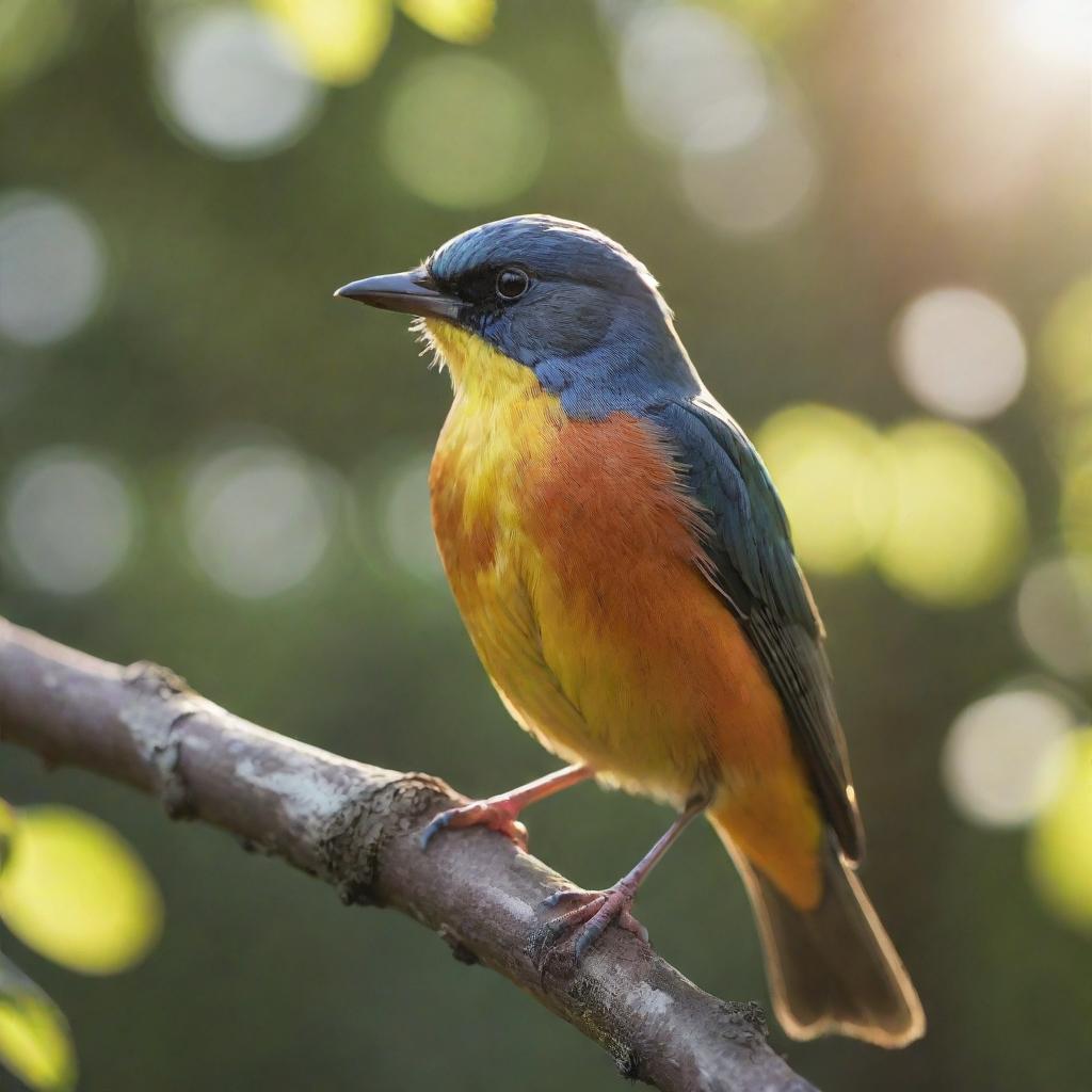 A vibrant, lifelike bird perched on a branch, with sunlight dappling its feathers.